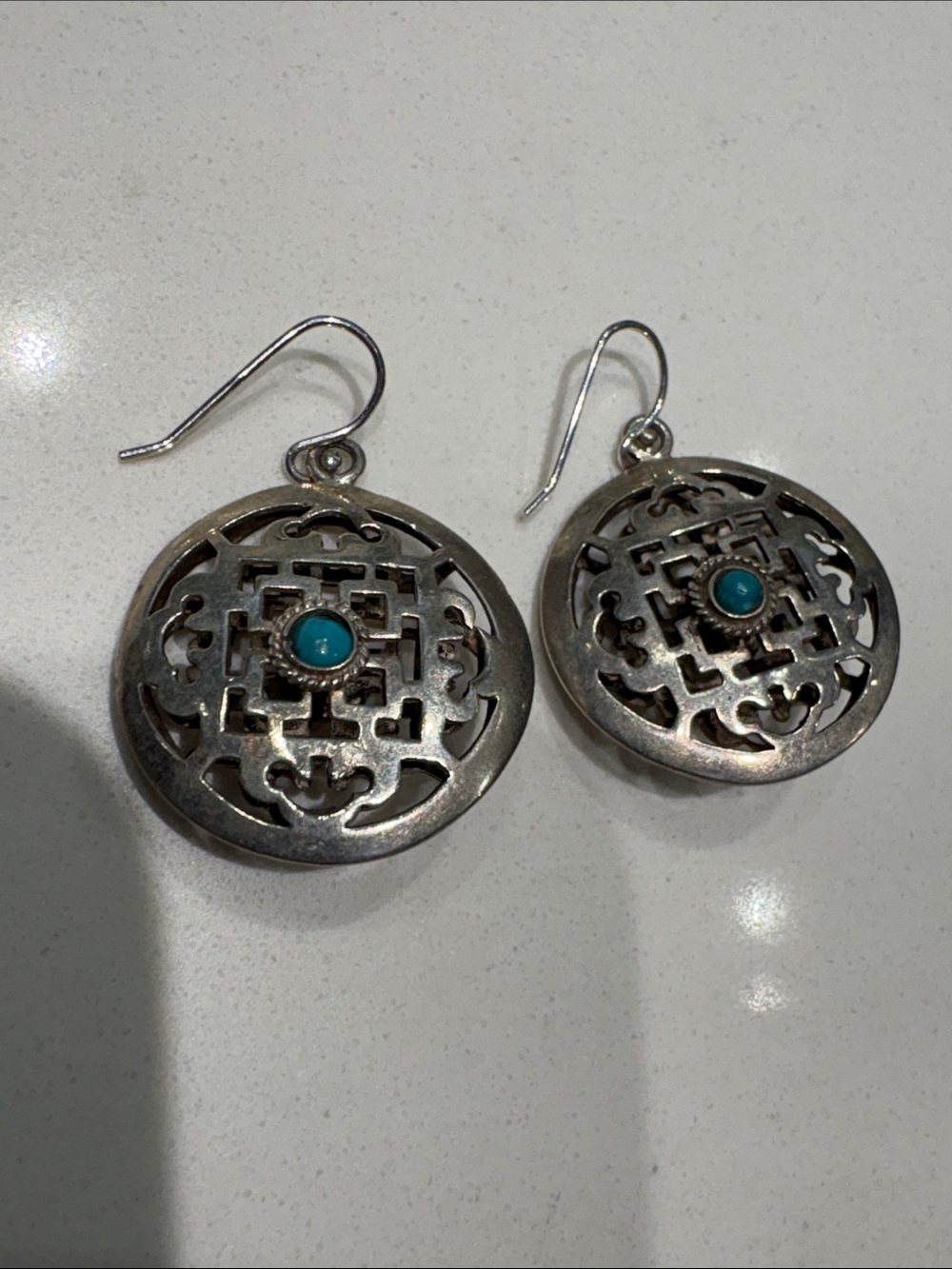 Sterling Silver Filigree Drop Earrings with Turquoise Accent & coral.
